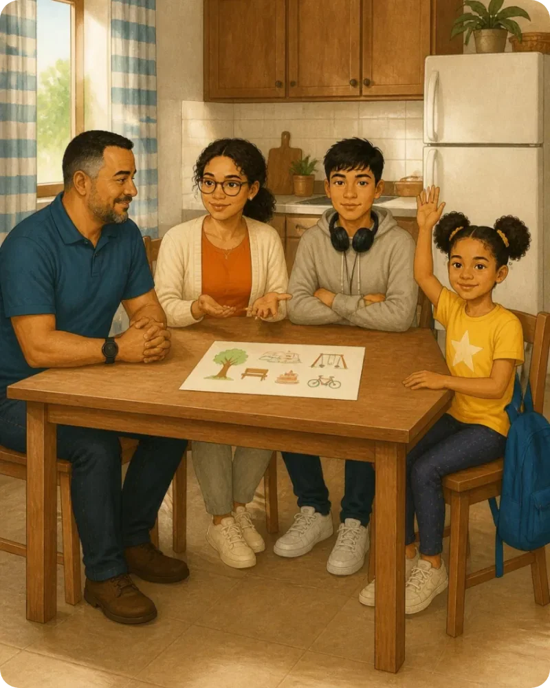 Família organizando as contas juntos à mesa