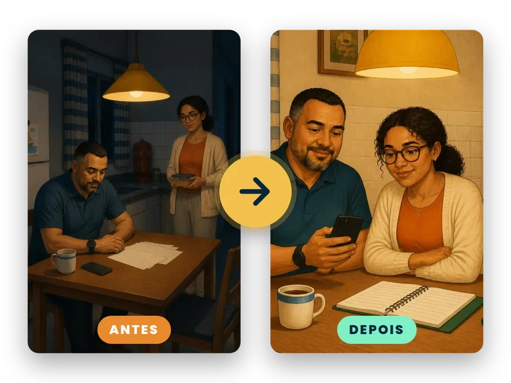 Antes: família preocupada com as contas. Depois: a mesma família tranquila, com o orçamento organizado.